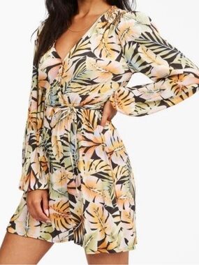 Billabong Tropical Leaf Print Mini Dress - Black, Yellow & Peach